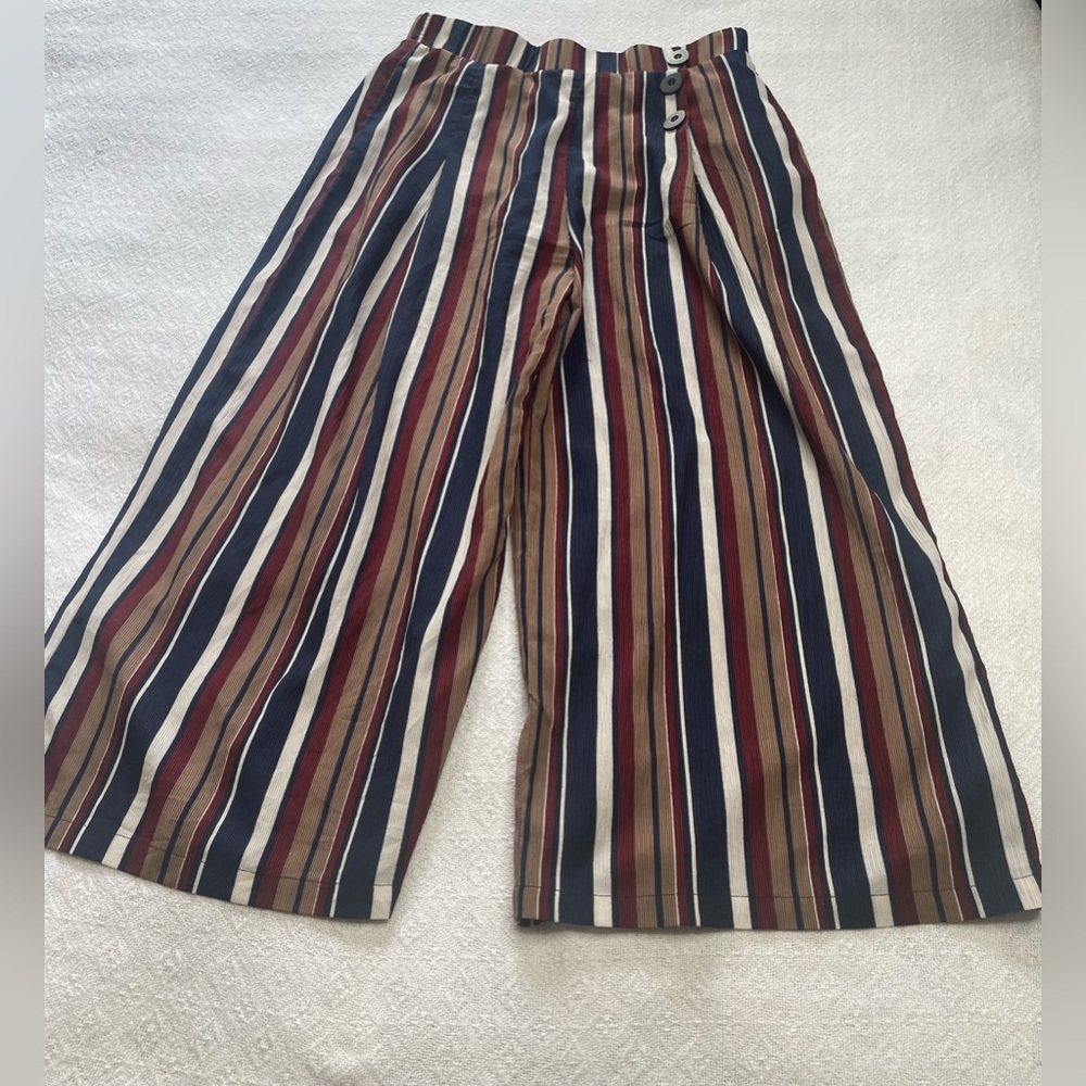 Striped Wide‎ Leg Culotte Pants in Navy, Burgundy & Tan~ Size Large